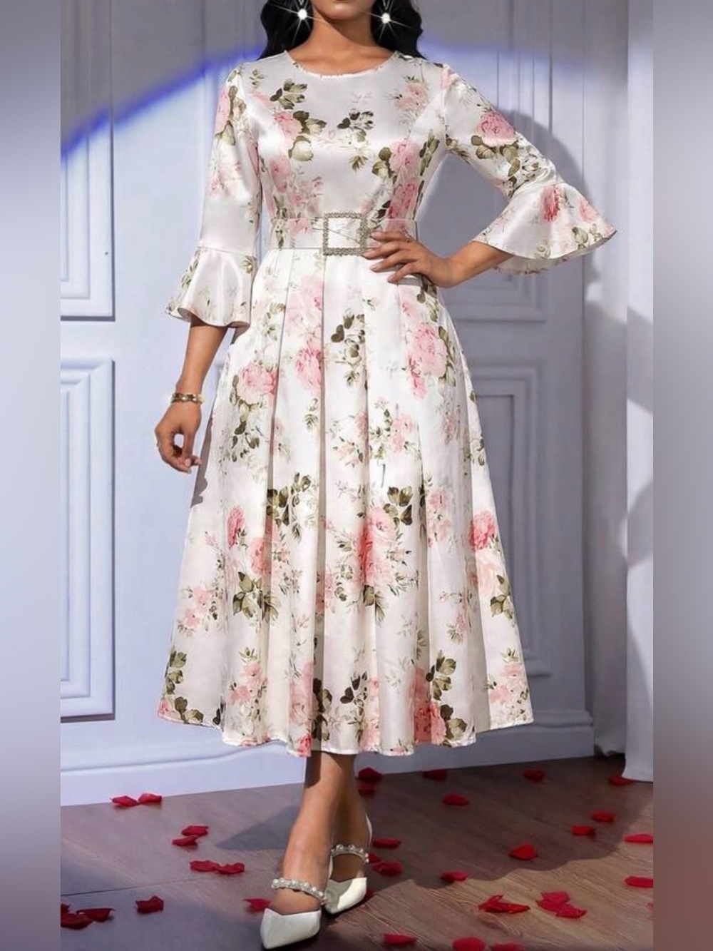 Elegant Floral Midi Dress with Pink Roses